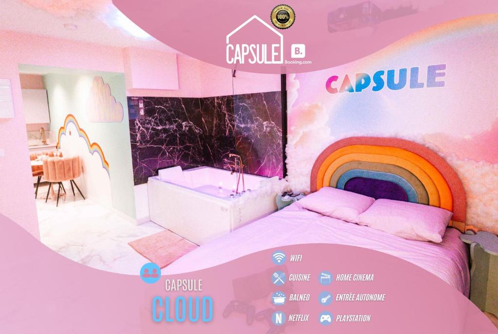 een kamer met een bed, een regenboog en een badkamer bij Capsule cloud - jacuzzi - projecteur cinema in Tourcoing