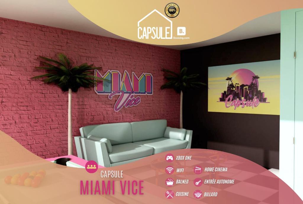 a room with a couch and a pink brick wall at Capsule Miami Vice - Jacuzzi - Billard - Ecran cinéma & Netflix - Ping-Pong - Nintendo & Jeux- in Liévin