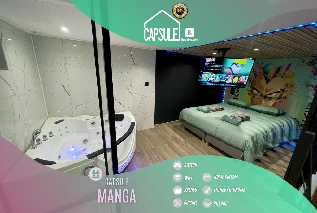 Posteľ alebo postele v izbe v ubytovaní Capsule Manga - Jacuzzi - Billard - Nintendo Switch - Netflix