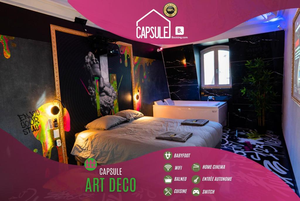 Posteľ alebo postele v izbe v ubytovaní Capsule Art Déco - Jacuzzi - Netflix - Home Cinéma - Arcade de jeux & Nintendo switch - 2 chambres - Filet suspendu