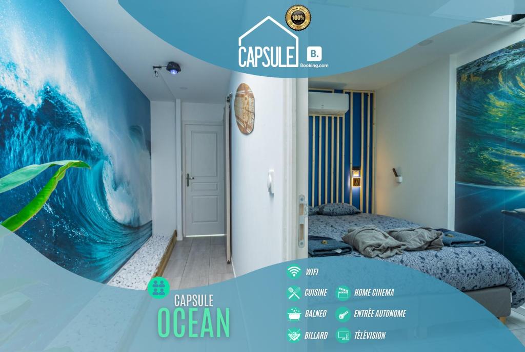 Capsule océan - Jacuzzi - Billard - Netflix - 2 Chambres - Cuisine في فالنسيان: غرفة نوم مع لوحة موجية كبيرة على الحائط