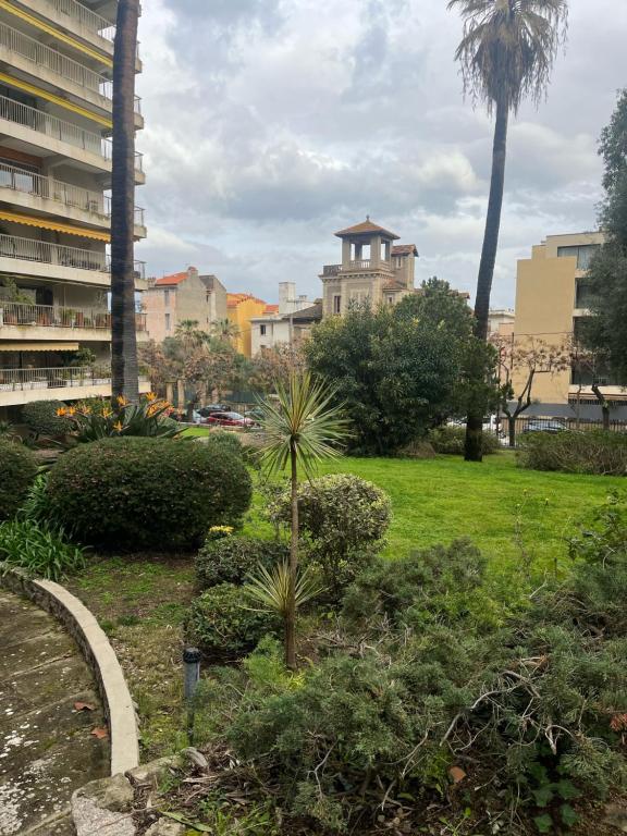 un parc avec un palmier et un bâtiment dans l'établissement Appartement douillet en ville, à Ajaccio
