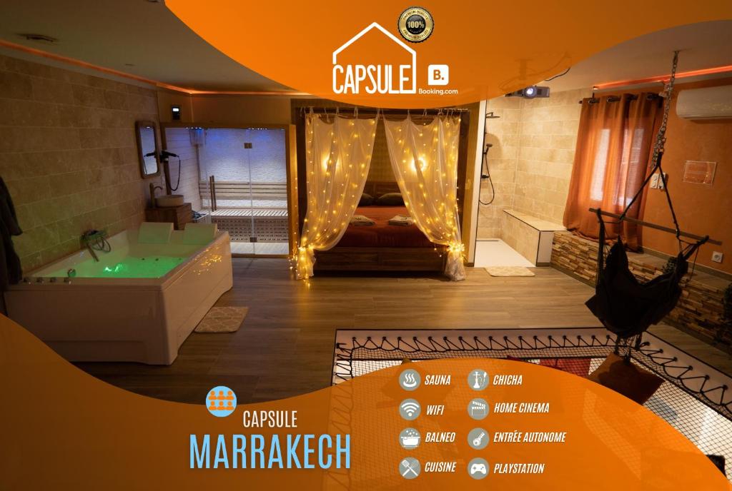 Trith-Saint-LégerにあるCapsule Marrakech I Chicha I Sauna I Balnéo I Console PS5 I Cinémaのバスタブ付きの広い客室で、ベッド1台が備わります。