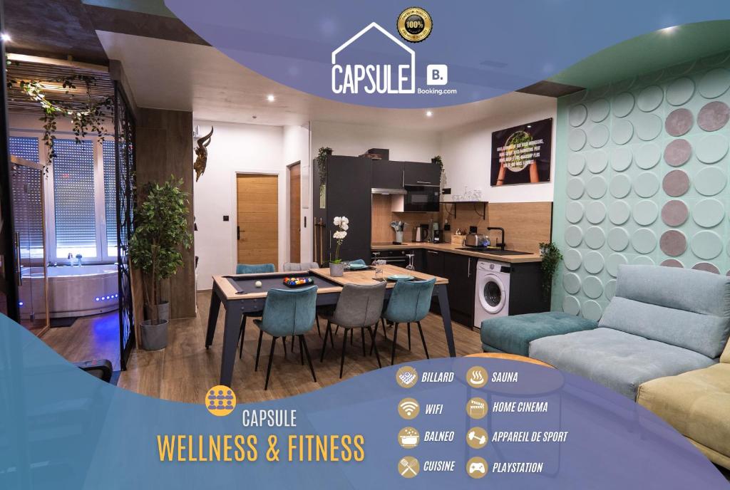 a kitchen and a living room with a table and chairs at Capsule Wellness - sauna - balneo - machine de sport privatif - PS5 - 2 chambres in Valenciennes
