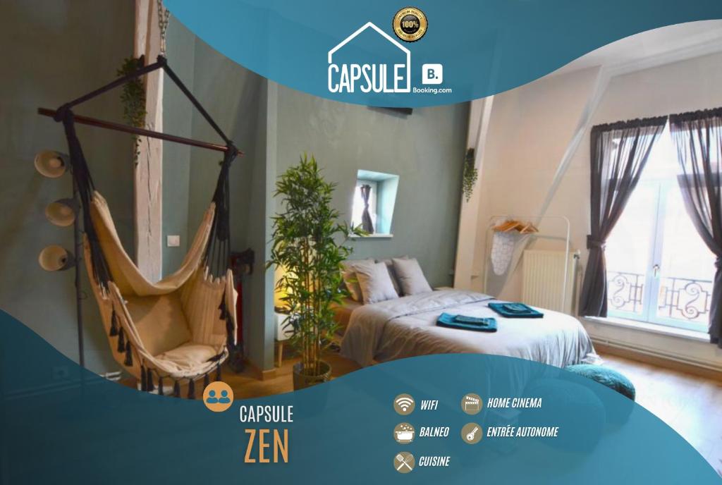 een poster van een kamer met een bed en een hangmat bij Capsule Roubaix/Lille Balneo*Home cinéma*Billard in Roubaix
