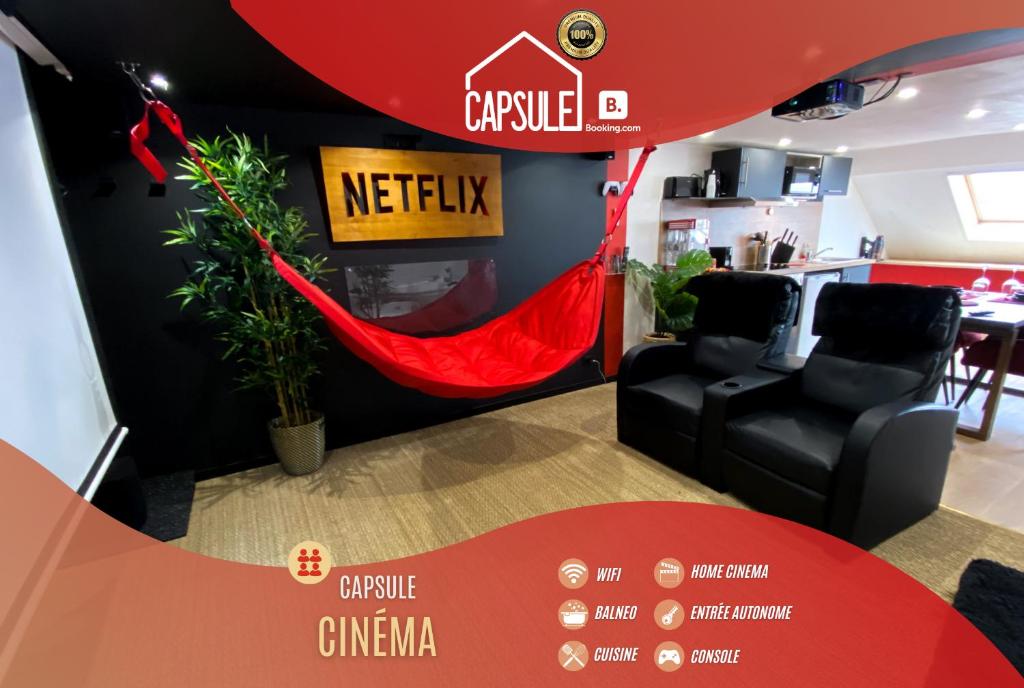 a room with a red hammock and chairs in it at Capsule Cinéma - Balneo home cinema playstation 5 in Valenciennes