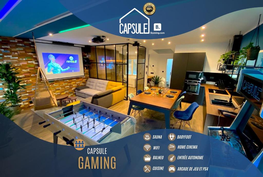 - un salon avec un jeu vidéo dans l'établissement Capsule Gaming balnéo & billard & babyfoot & sauna 2 chambres, à Valenciennes