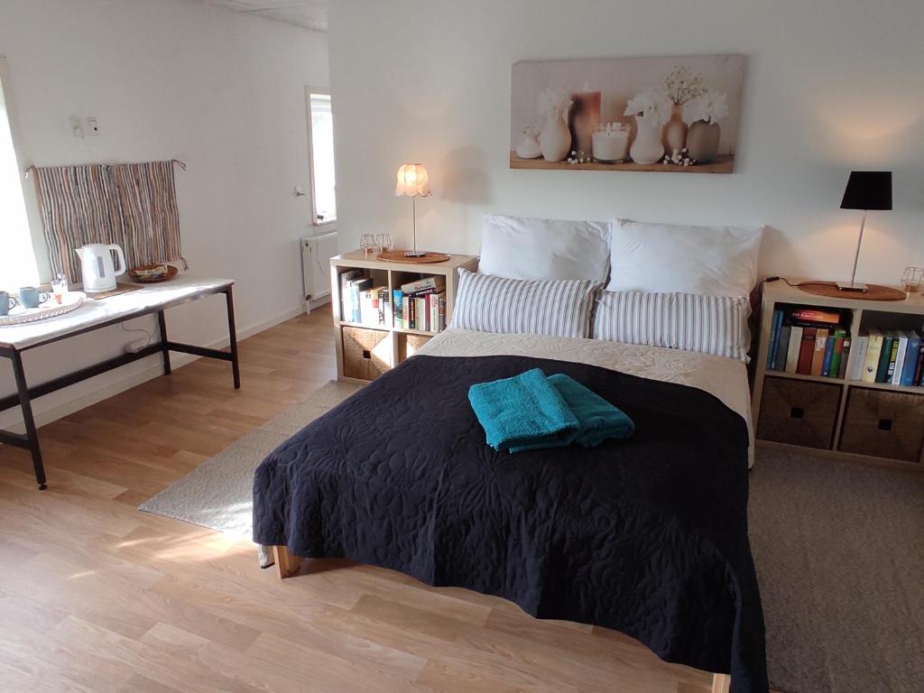 a bedroom with a large bed with a black blanket at Emily's Garden in Lintrup