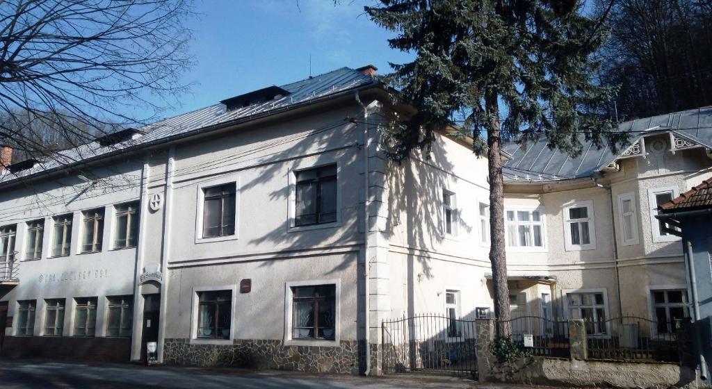 a white building with a tree in front of it at Penzión Sandrik in Hodruša