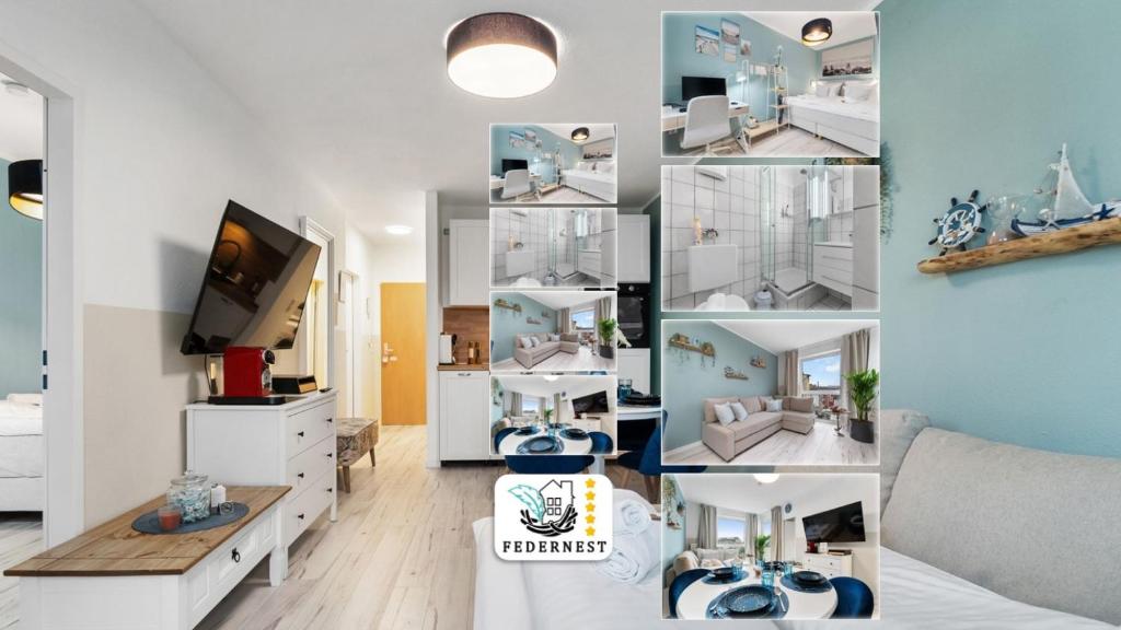 uma colagem de fotos de uma sala de estar em Federnest - Superior-2-Zimmer-Wohnung - Kingsize Boxspringbett - Home-Office mit Monitor - 11 Min Hbf em Duisburg