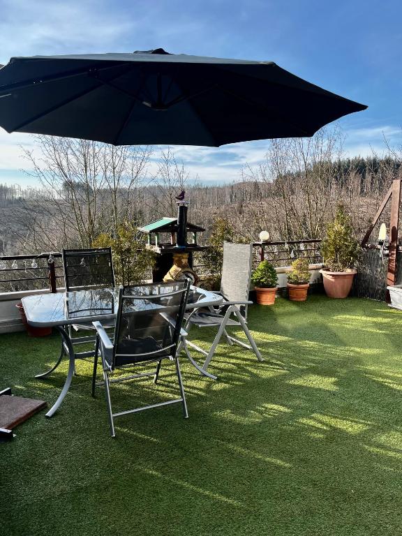 two chairs and a table with an umbrella on a lawn at Panoramic Aparthotel in Braunlage