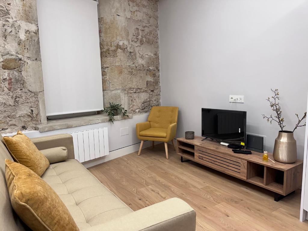 Hotel Apartamento Placentinos Centro Histórico, a living room with a couch and a tv at Apartamento Placentinos Centro Histórico in Salamanca