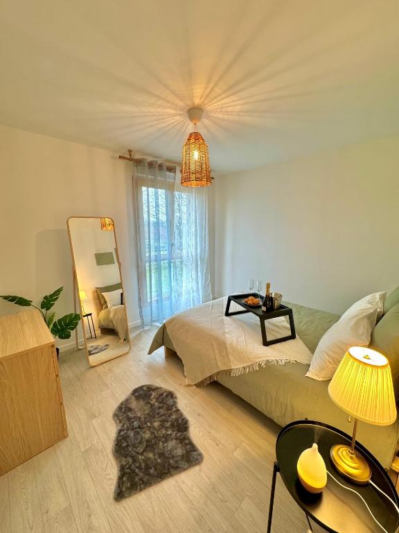 - une chambre avec un lit, un miroir et une lampe dans l'établissement Le Chic - Bussy, à Bussy-Saint-Georges