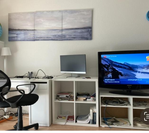a room with a television and a desk with a chair at Cheap flat close to Baden, CH in Niederrohrdorf