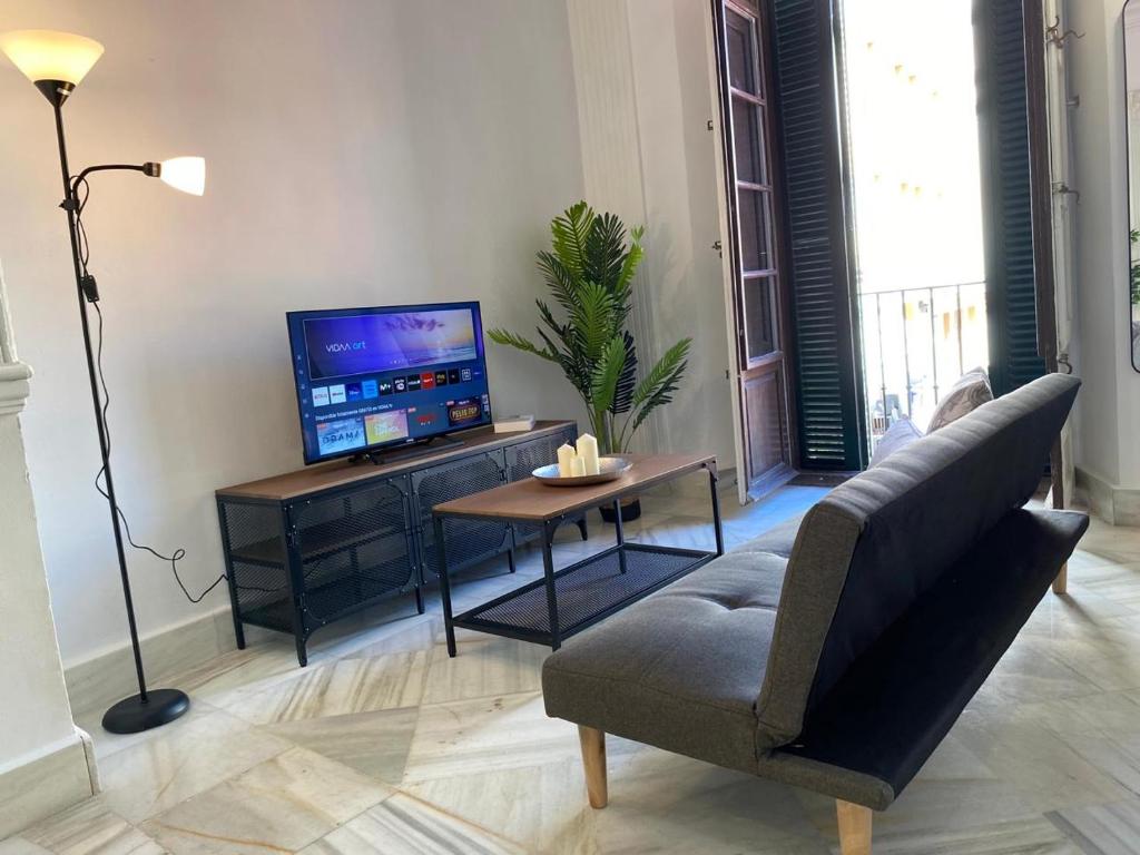 uma sala de estar com um sofá, uma televisão e uma mesa em Casa Cervantes Malaga em Málaga