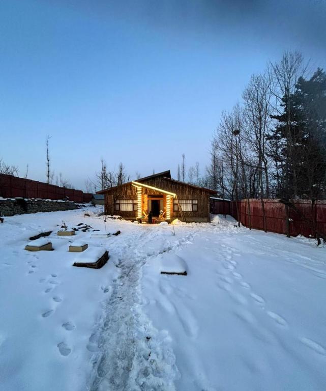 ein Haus in einem schneebedeckten Hof in der Unterkunft The Trout in Khor