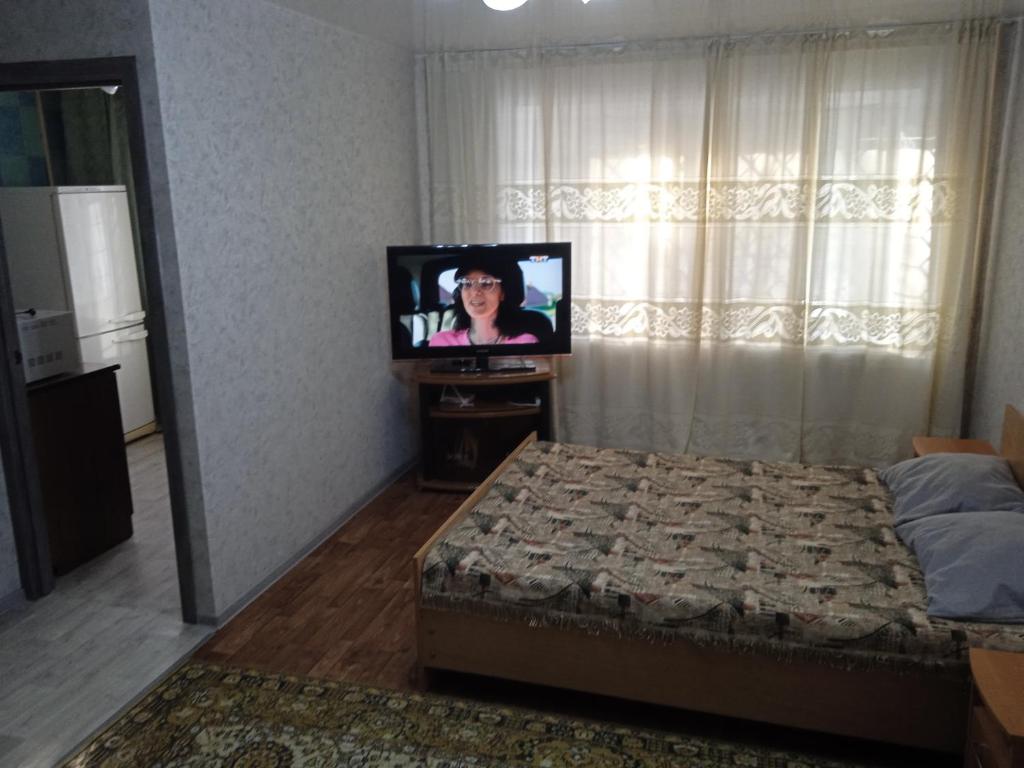een slaapkamer met een bed en een tv in een kamer bij Апартаменты по ул Кайсенова in Öskemen