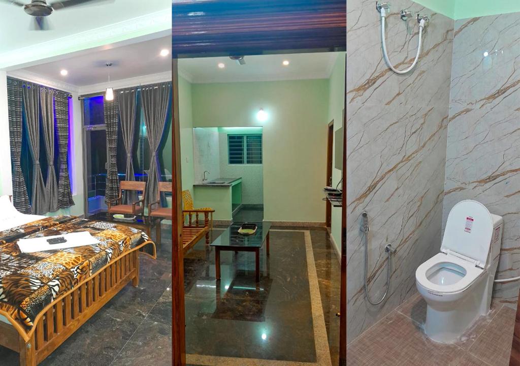 two pictures of a bathroom with a bed and a toilet at Yelagiri GoldHill Resort in Yelagiri