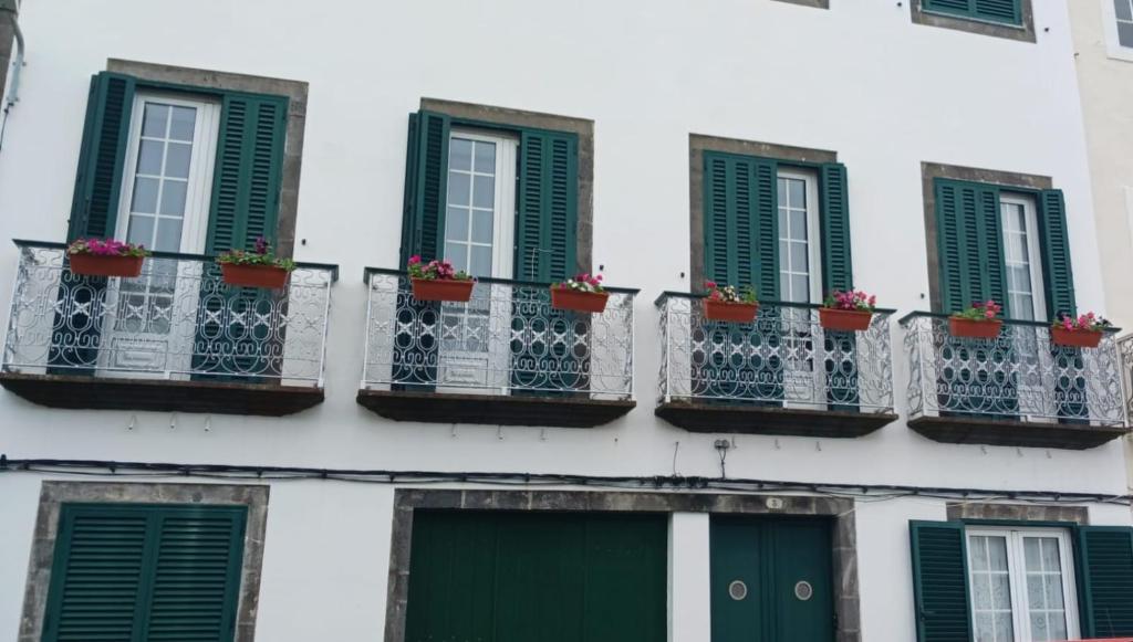 a building with green shuttered windows and potted plants at Casa das Floreiras - City Center Apartment in Horta