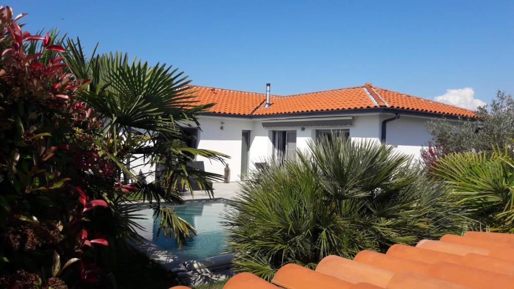 une maison avec une piscine et des palmiers dans l'établissement Superbe villa 6 personnes proche océan et lac, à Linxe