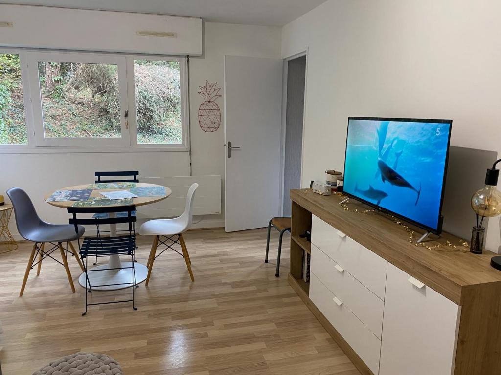Il comprend un salon doté d'une télévision et d'une table avec des chaises. dans l'établissement T2 au cœur d’Aurillac, à Aurillac