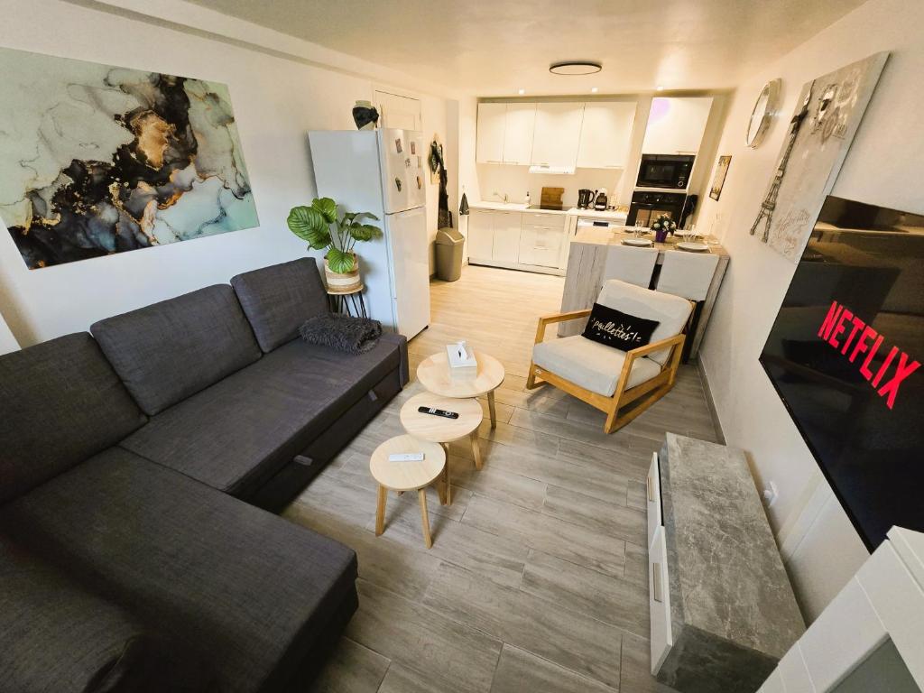 salon z kanapą i kuchnią w obiekcie Appartement T2 confortable - Piscine et Jacuzzi w mieście Pierrelaye