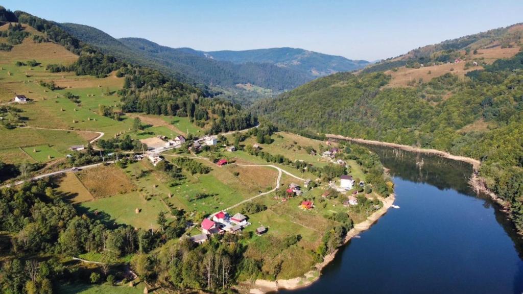 an aerial view of a village on a hill next to a lake at Cabana Baraj Apuseni Mountains in Mihoeşti