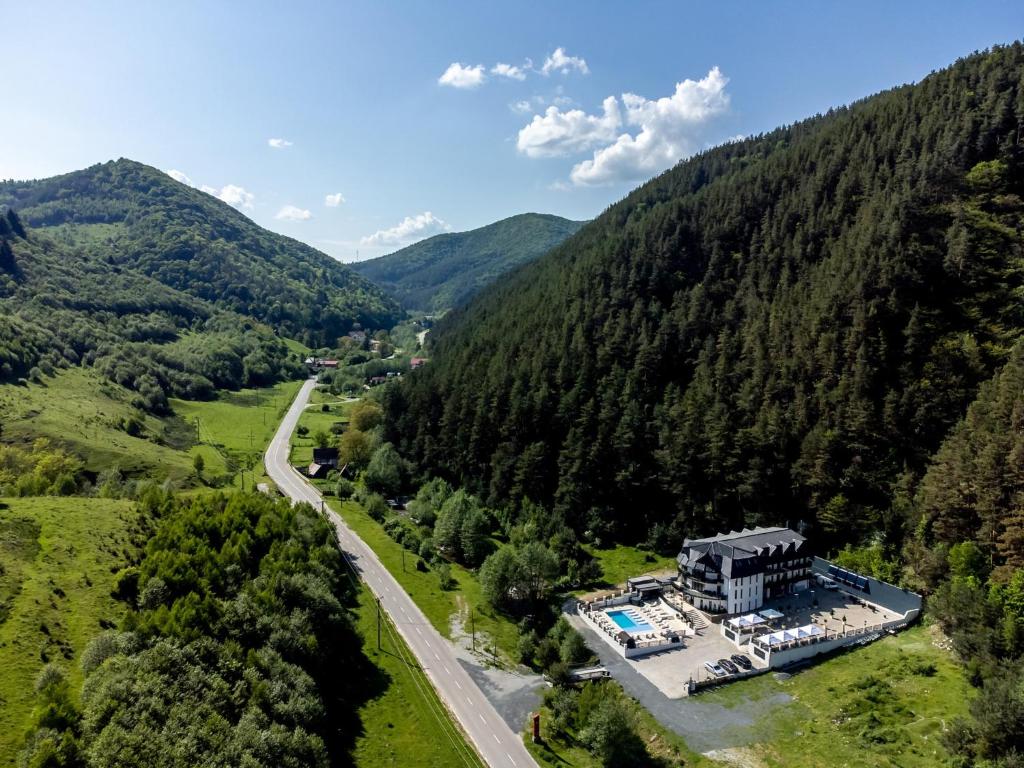 an aerial view of a house in the mountains at Carpentiere Arena in Răşinari