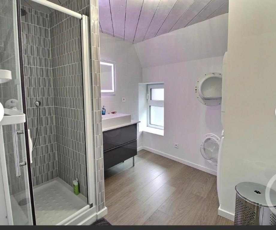 La salle de bains blanche est pourvue d'une douche et d'un lavabo. dans l'établissement Situé à 100 mètres de la plage duplex de 65 m2, à Évian-les-Bains