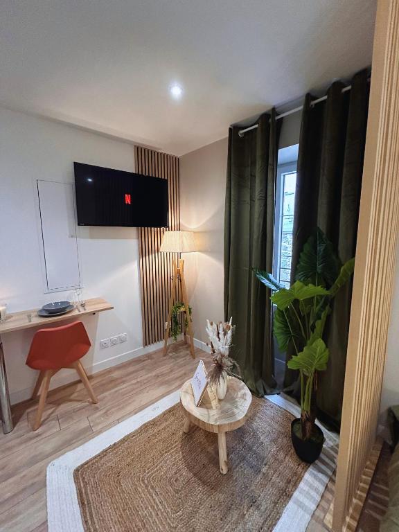 a living room with a table and a plant in a room at Le Cocon Citadin in Millau