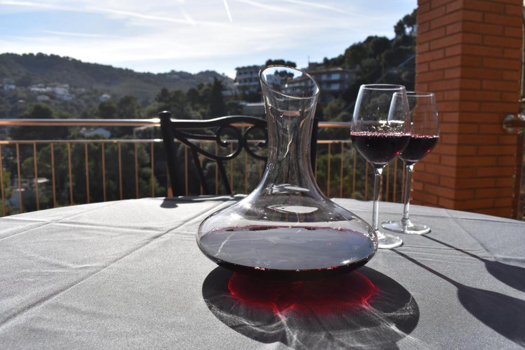 twee glazen rode wijn zittend op een tafel bij Cal Nene - plamun es in Begur