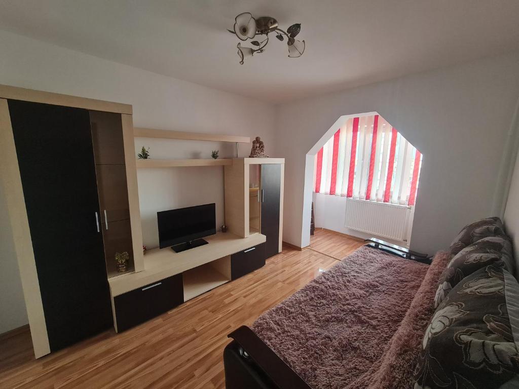 a living room with a couch and a television and a window at Apartament Eric in Mangalia