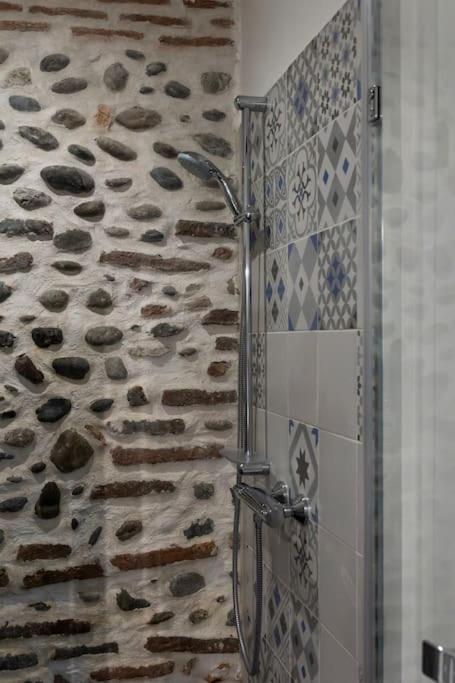 a shower in a bathroom with a stone wall at Maison et appartement attenant pour 10 personnes avec terrasse, cour et parking in Pau