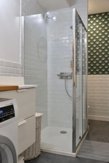 a shower with a glass door in a bathroom at Maison et appartement attenant pour 10 personnes avec terrasse, cour et parking in Pau