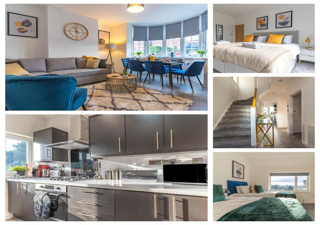 a collage of photos of a kitchen and a living room at New 4BR family home sleeps 8 -10 people with free parking and contractors welcome in Birmingham