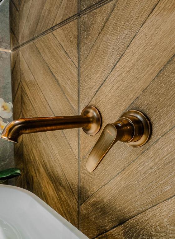a wooden door with a brass handle on a tub at Apartament Sarenka in Rogożnik