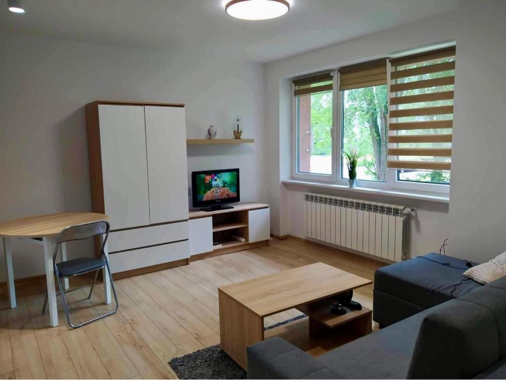 een woonkamer met een bank, een tafel en een tv bij Apartamenty Grunwaldzka in Świnoujście