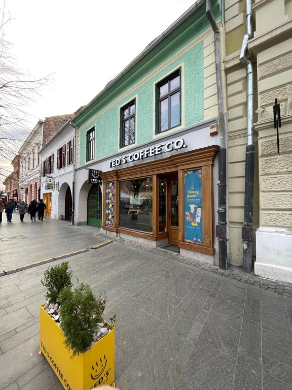 a city street with a coffee shop on a building at Studio Luca in Sibiu