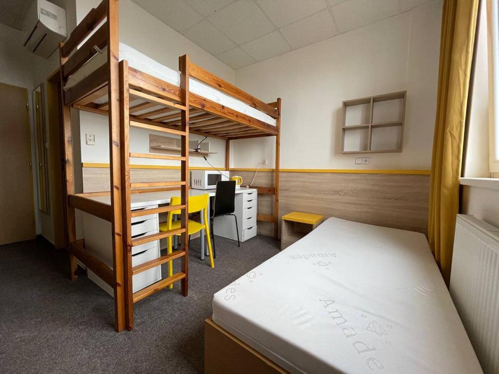 a dorm room with a bunk bed and a desk at MyHome in Modřice