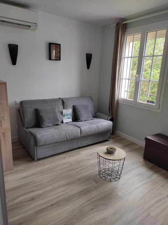 un salon avec un canapé et une table dans l'établissement Studio Sainte Marie la Blanche, à Sainte-Marie-la-Blanche