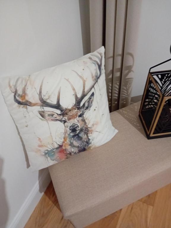 a pillow with a deer head on it sitting on a bench at Ama&#39;s Sweet home in Saint-Hubert