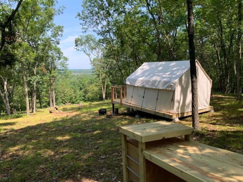 a yurt in the middle of a field with trees at Sweet Hill Glamping in Rhinebeck