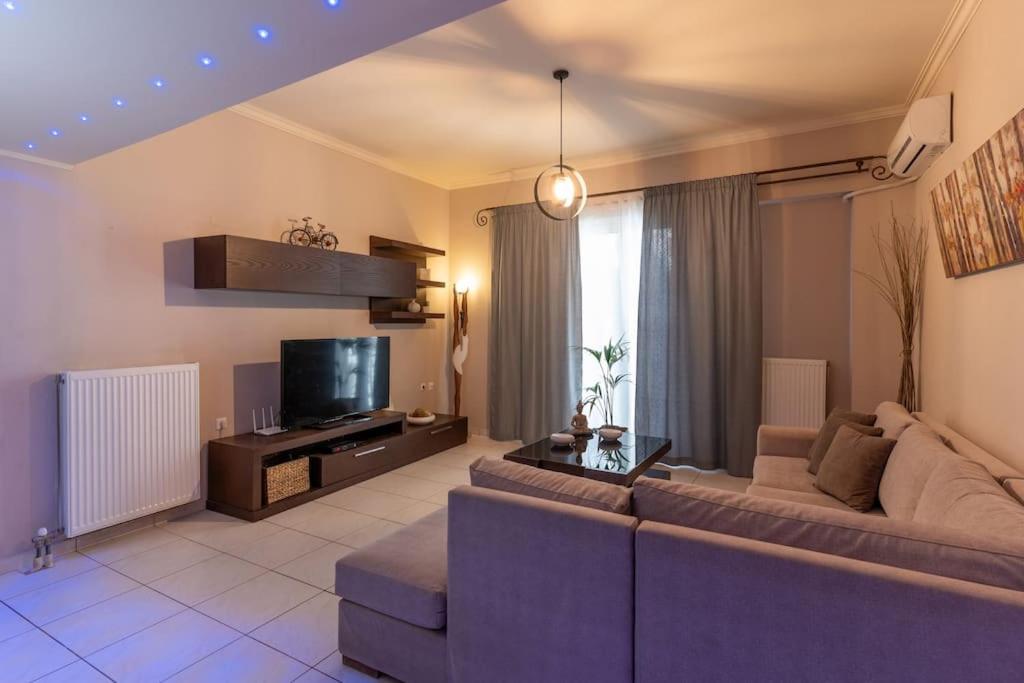 Fivos apartment في مدينة زاكينثوس: غرفة معيشة مع أريكة وتلفزيون