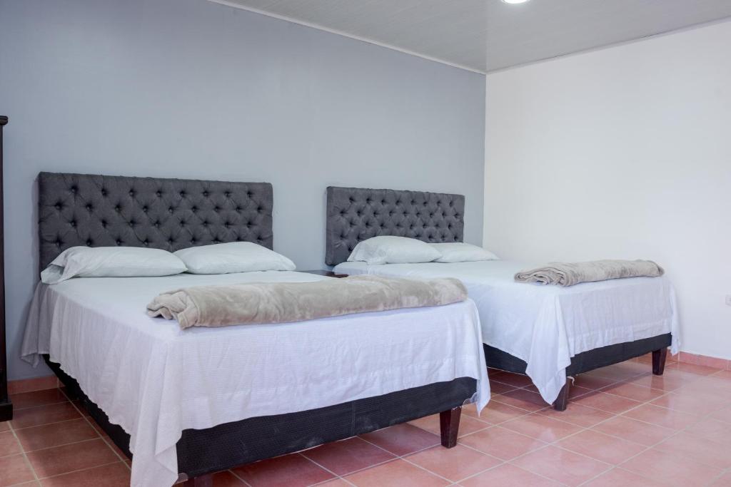 Posada La Rosa في Santa Ana: سريرين في غرفة بجدران بيضاء