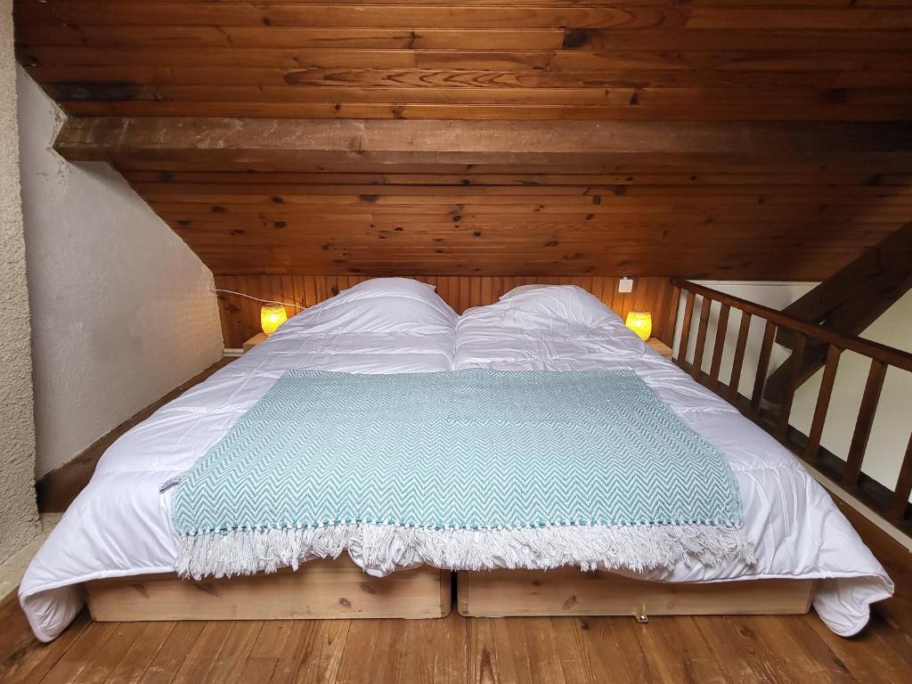 Cama en habitación con techo de madera en Cottage du Diot, son lac et son île en Bannegon