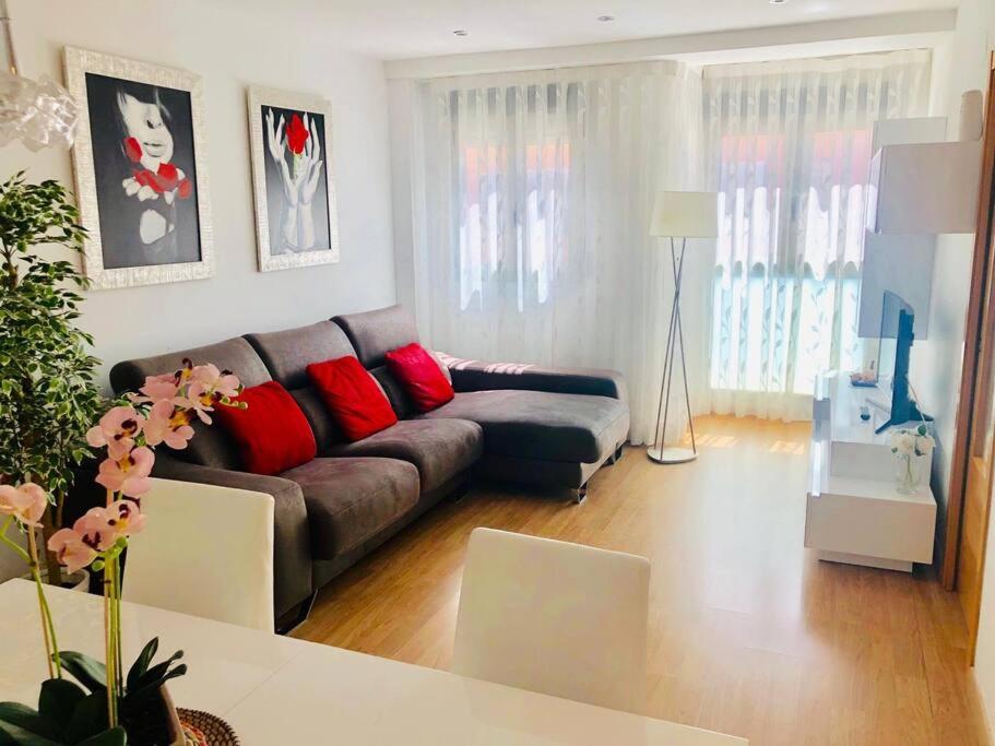 uma sala de estar com um sofá castanho e almofadas vermelhas em GREAT APARTMENT CLOSE TO CENTER em Valência