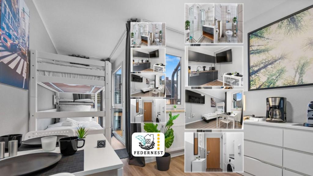ครัวหรือมุมครัวของ Messe, Monteure, Budget - Einfache komfortable 2 Personen Wohnung (22qm) mit Vollausstattung (WLAN 250 Mbit, TV 55 Zoll m. Netflix) - Hochwertige Küche und Bad