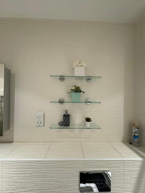 a bathroom with shelves on the wall with a plant at Stunning Salford Quays Apartment in Manchester
