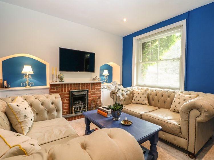 a living room with a couch and a fireplace at Charming Country Cottage in Selborne