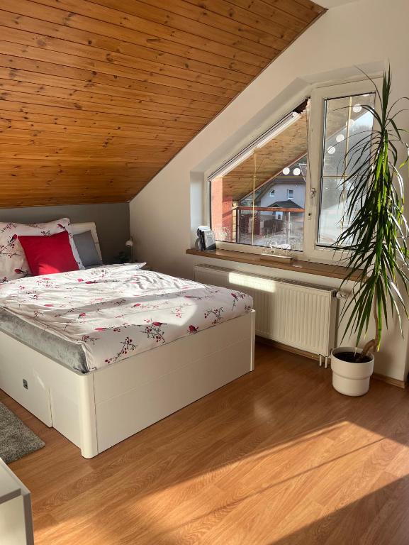 Postel nebo postele na pokoji v ubytování Podkrovní apartmán s balkónem